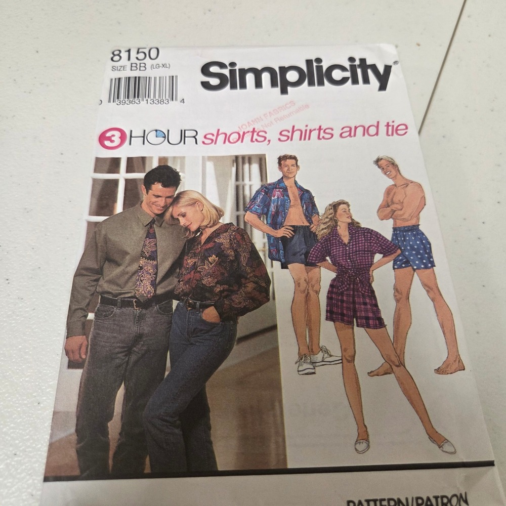 Simplicity 8150 Sewing Pattern Mens Womens Shorts Shirts Tie Size LG-XL 1996